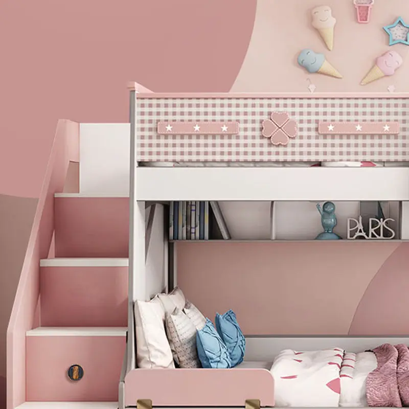 Wooden Comfortable School Double Loft Bed Modern pink Kids Children Bunk Bed Furniture for Girls Bedroom — image 5