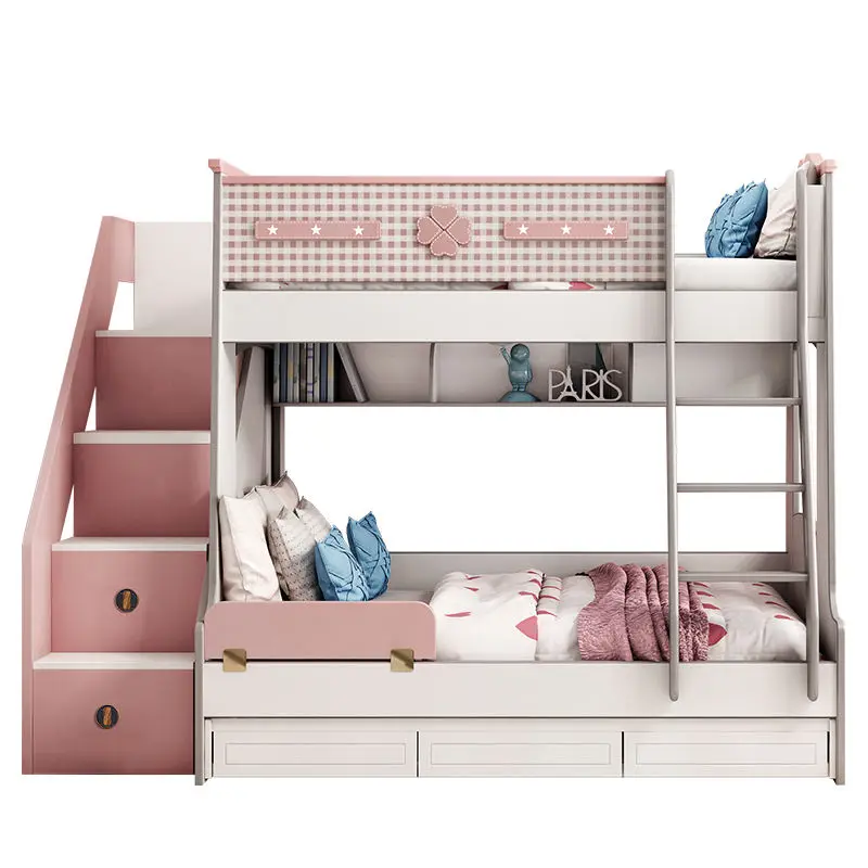 Wooden Comfortable School Double Loft Bed Modern pink Kids Children Bunk Bed Furniture for Girls Bedroom — image 6
