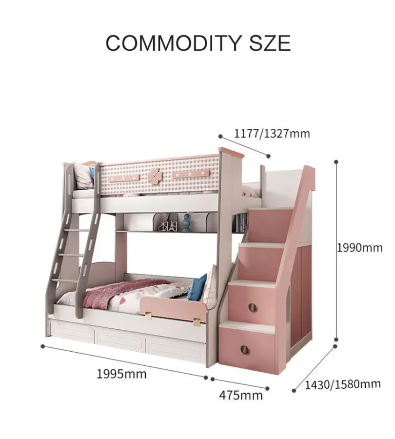 Wooden Comfortable School Double Loft Bed Modern pink Kids Children Bunk Bed Furniture for Girls Bedroom — image 7