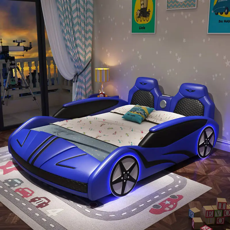 Solid Wood Frame Leather Soft Bag Function Children Storage Car Bed with LED Lights Stereo Luxury Sports Race Car Bed for Kids — image 2
