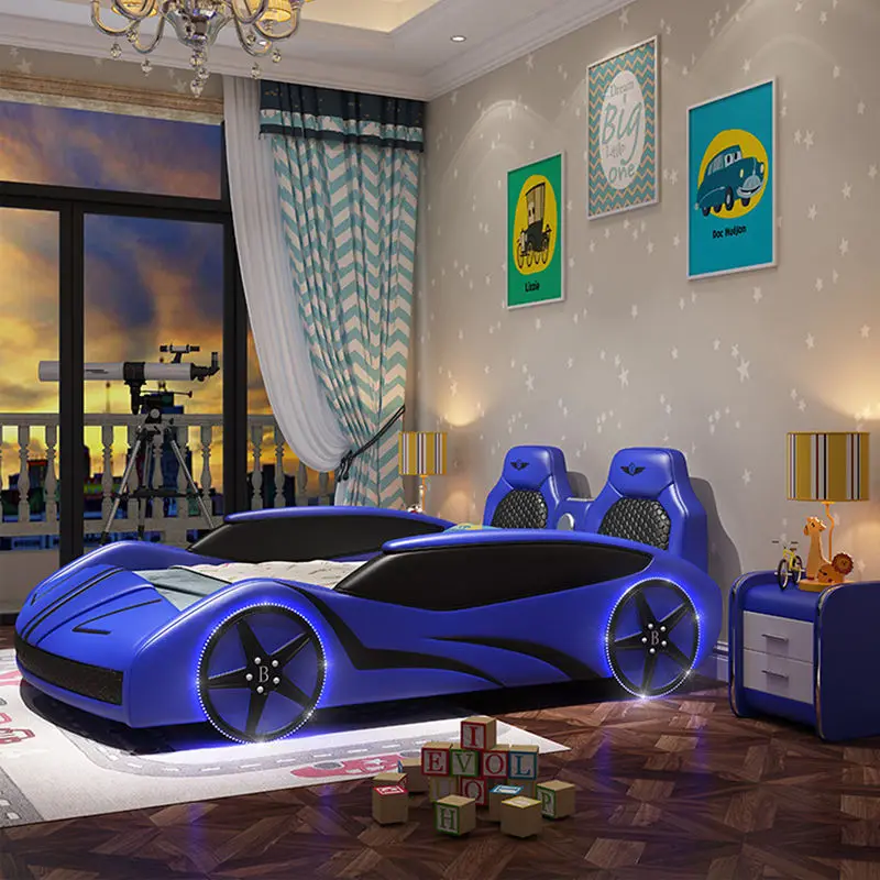 Solid Wood Frame Leather Soft Bag Function Children Storage Car Bed with LED Lights Stereo Luxury Sports Race Car Bed for Kids — image 3