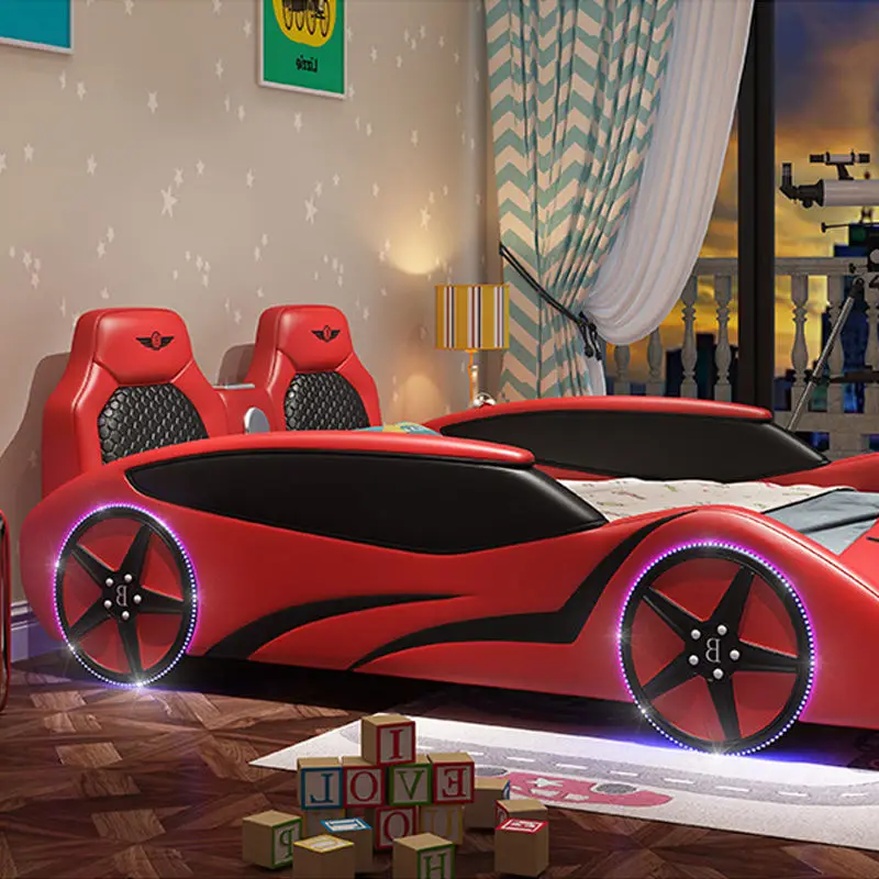 Solid Wood Frame Leather Soft Bag Function Children Storage Car Bed with LED Lights Stereo Luxury Sports Race Car Bed for Kids — image 4