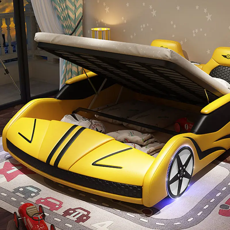 Solid Wood Frame Leather Soft Bag Function Children Storage Car Bed with LED Lights Stereo Luxury Sports Race Car Bed for Kids — image 5