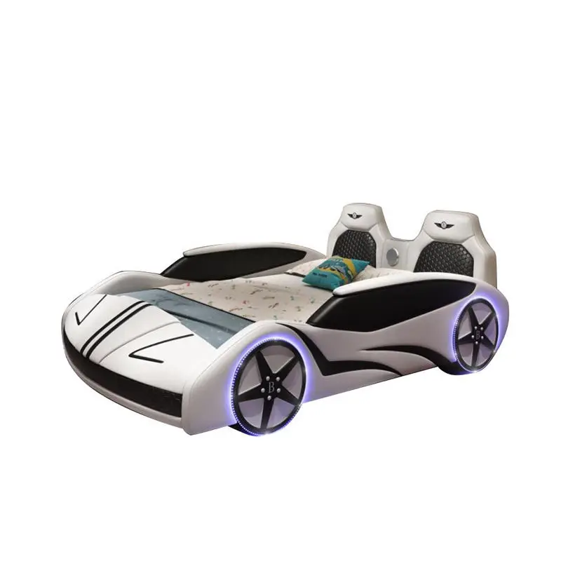 Solid Wood Frame Leather Soft Bag Function Children Storage Car Bed with LED Lights Stereo Luxury Sports Race Car Bed for Kids — image 6