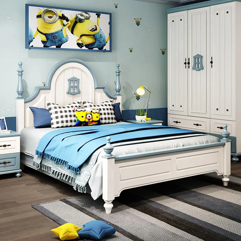 Factory Wholesale American Style Wood Bed Kid Bedroom Sets Furniture Blue Children Beds Boy Kids Ded — view 1