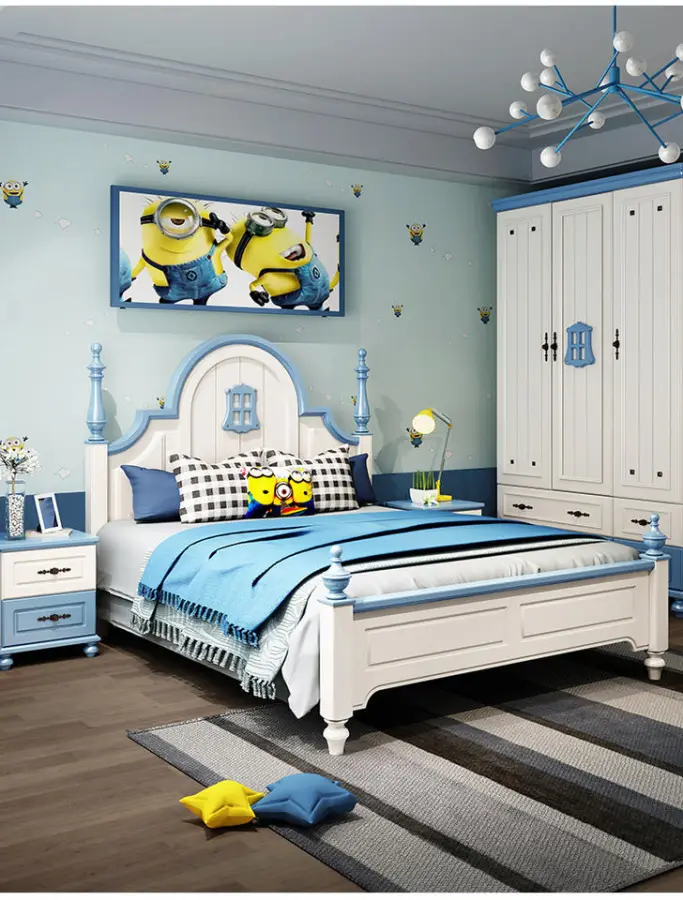 Factory Wholesale American Style Wood Bed Kid Bedroom Sets Furniture Blue Children Beds Boy Kids Ded — image 3