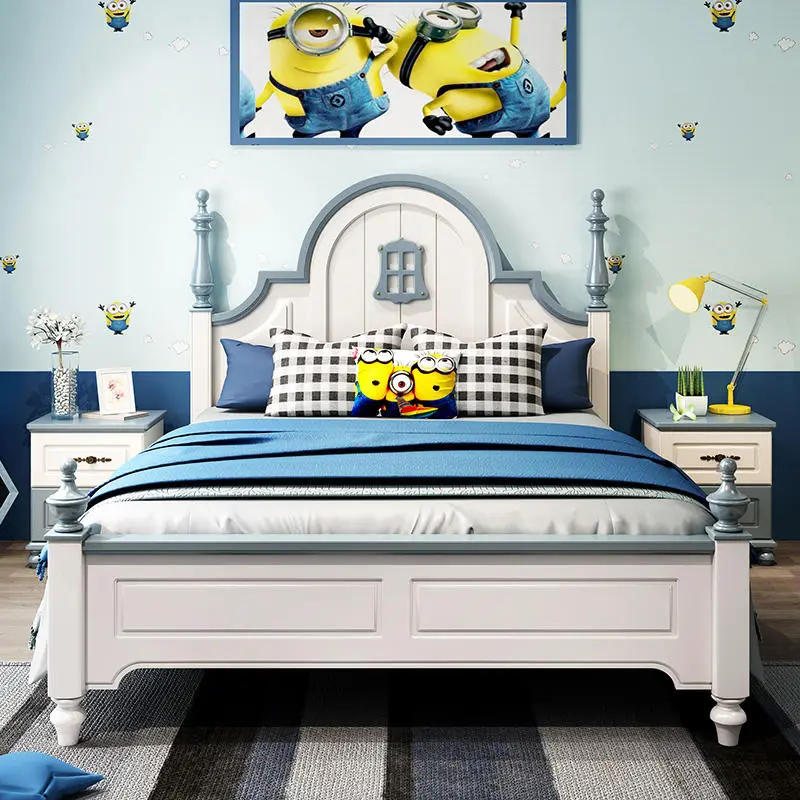 Factory Wholesale American Style Wood Bed Kid Bedroom Sets Furniture Blue Children Beds Boy Kids Ded — image 4