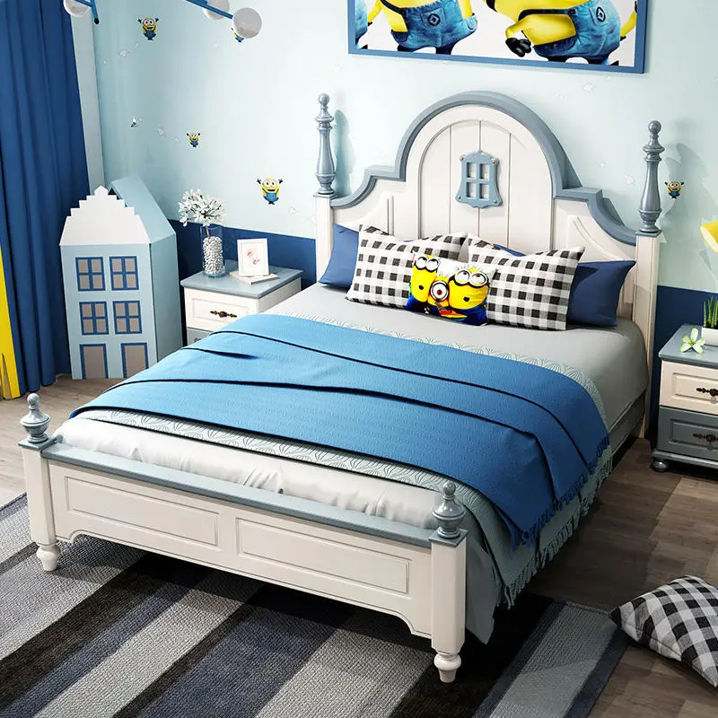 Factory Wholesale American Style Wood Bed Kid Bedroom Sets Furniture Blue Children Beds Boy Kids Ded — image 5