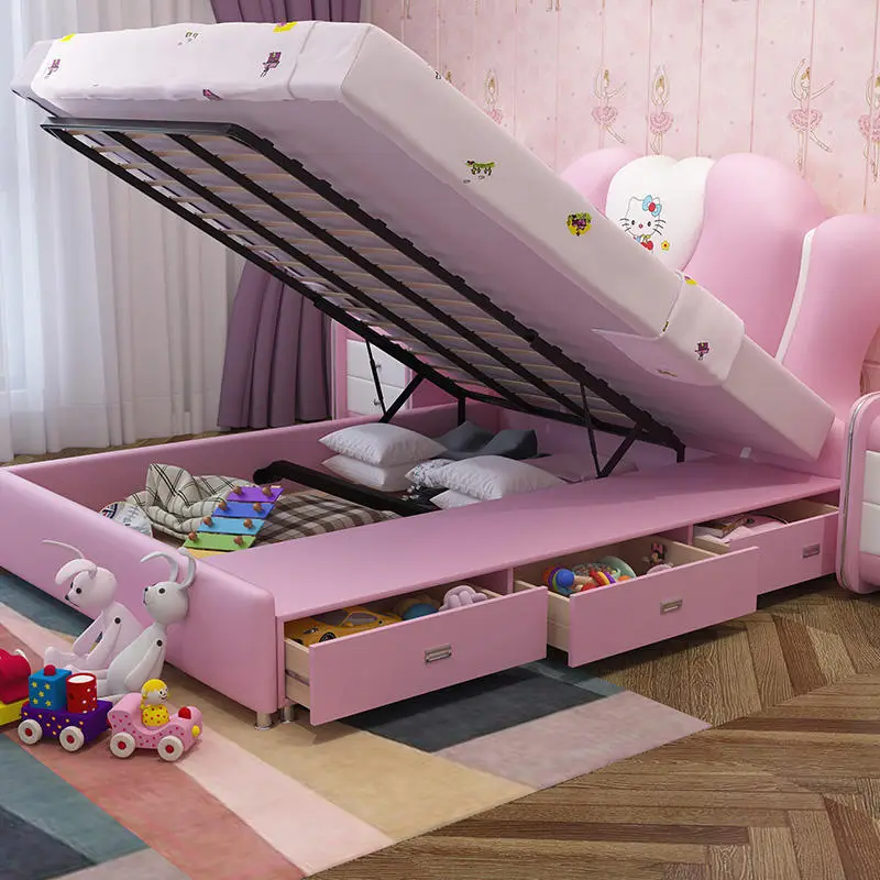 Children Beds Girls Bedroom Furniture Modern pink Kids Bed Single Multifunctional Storage Leather Child Princess Bed for Kids — image 4