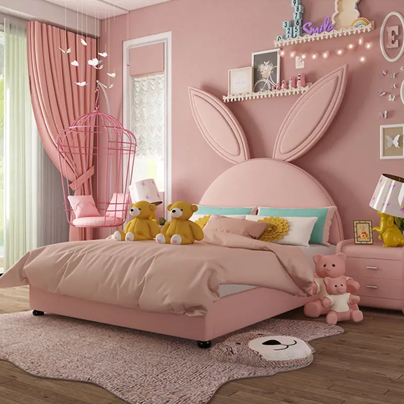 Pink Cartoon Bunny Girl Princess Bed Modern Furniture High Bedside Leather Children Bed — view 1