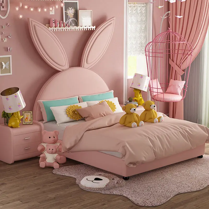 Pink Cartoon Bunny Girl Princess Bed Modern Furniture High Bedside Leather Children Bed — image 2