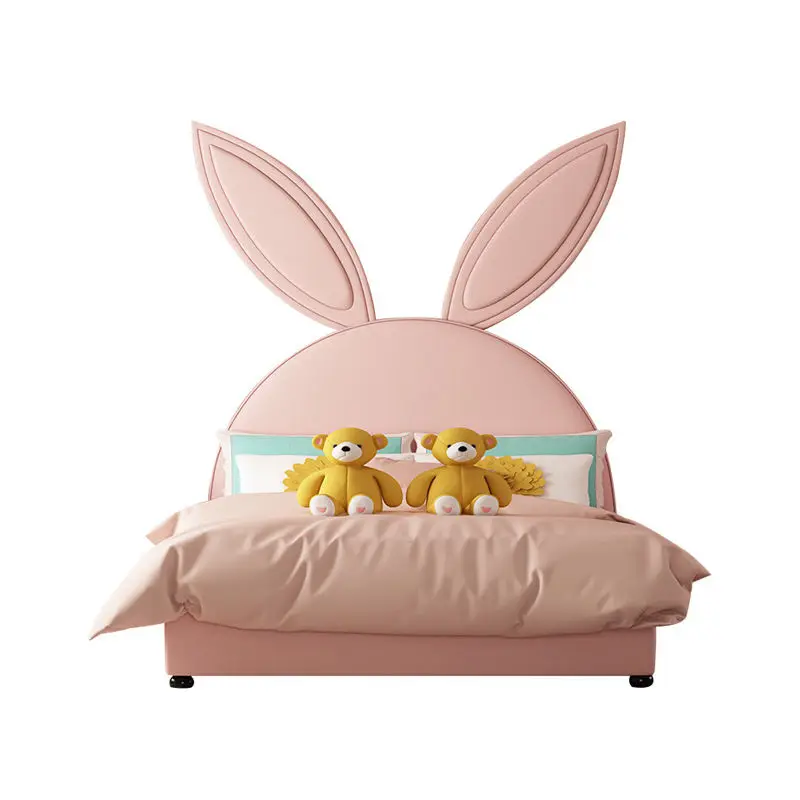Pink Cartoon Bunny Girl Princess Bed Modern Furniture High Bedside Leather Children Bed — image 3