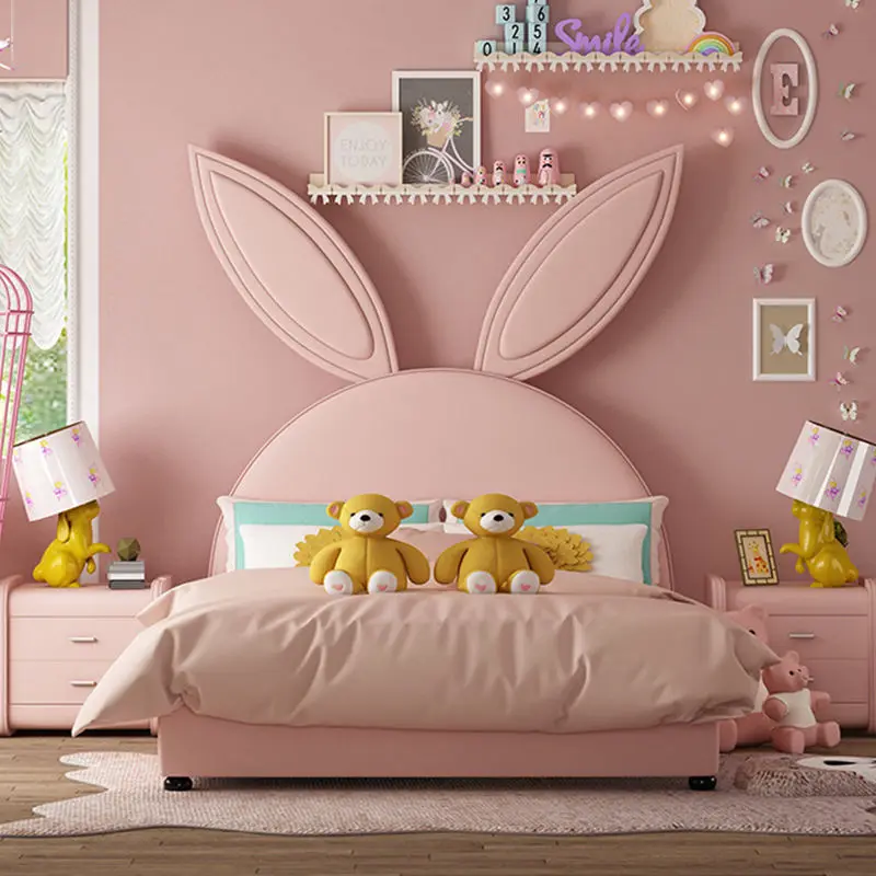 Pink Cartoon Bunny Girl Princess Bed Modern Furniture High Bedside Leather Children Bed — image 4