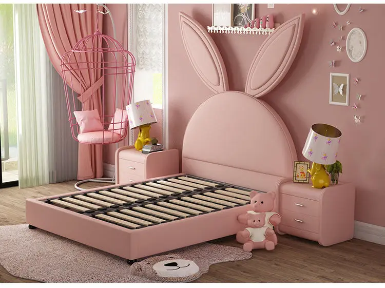 Pink Cartoon Bunny Girl Princess Bed Modern Furniture High Bedside Leather Children Bed — image 5