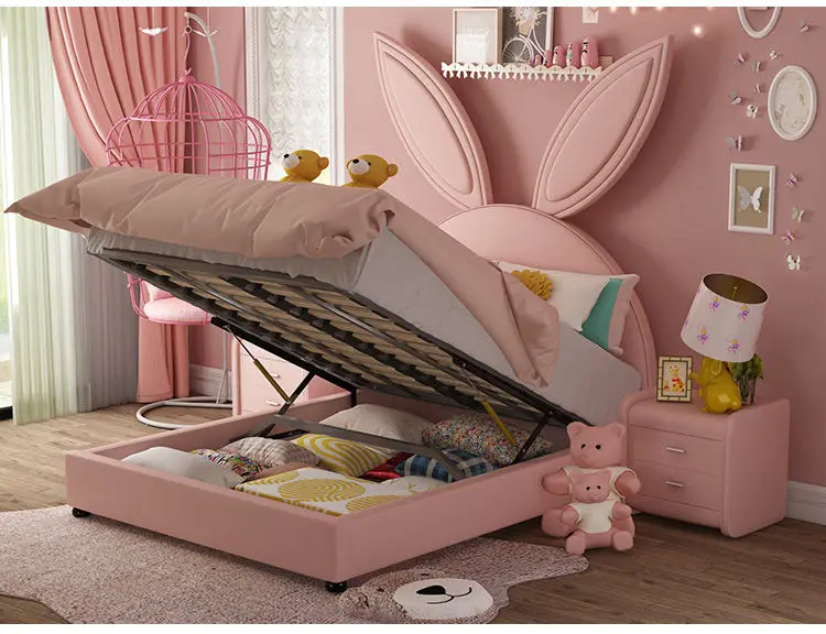 Pink Cartoon Bunny Girl Princess Bed Modern Furniture High Bedside Leather Children Bed — image 6