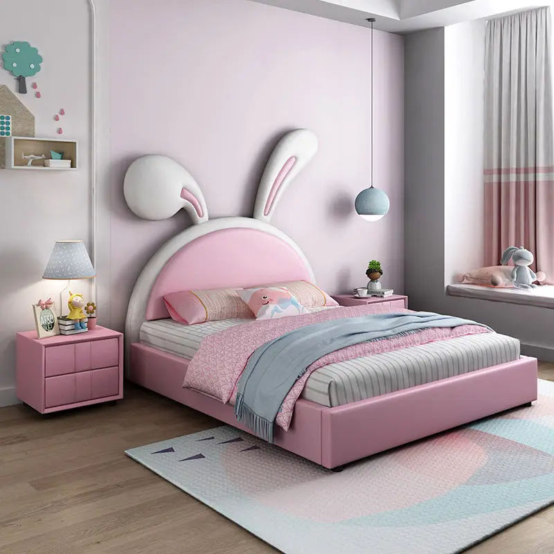 Hot Selling Luxury pink Children Bed Room Furniture Modern Rabbit Cartoon Beds Design Leather Girl Princess Bed — view 1