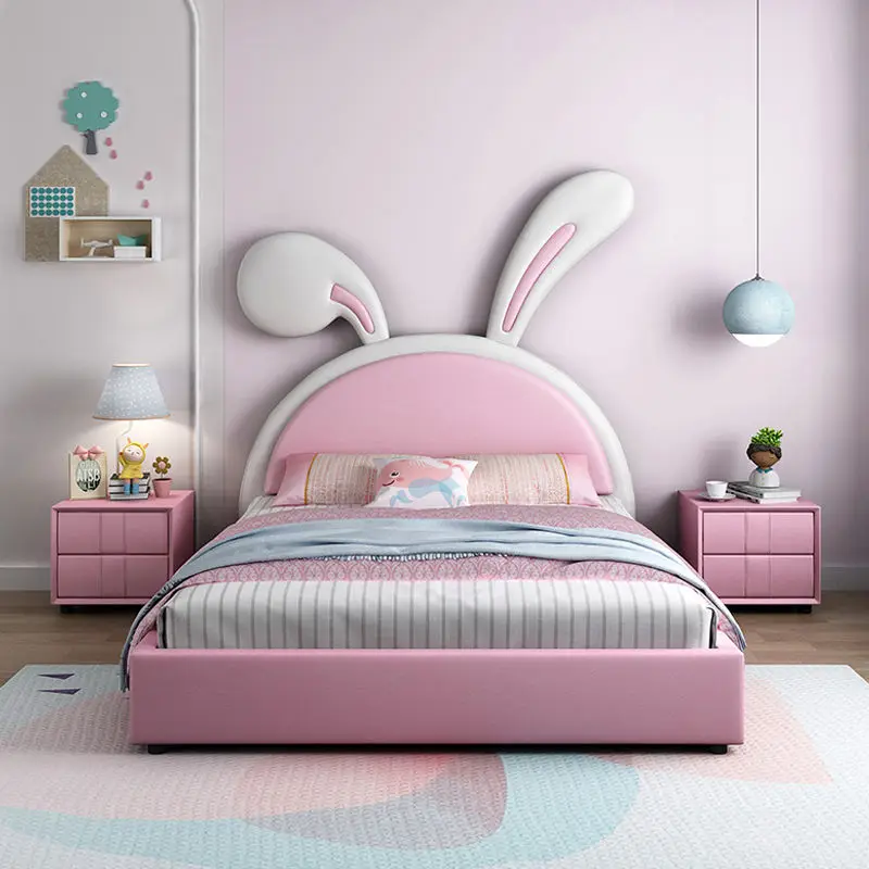 Hot Selling Luxury pink Children Bed Room Furniture Modern Rabbit Cartoon Beds Design Leather Girl Princess Bed — image 3