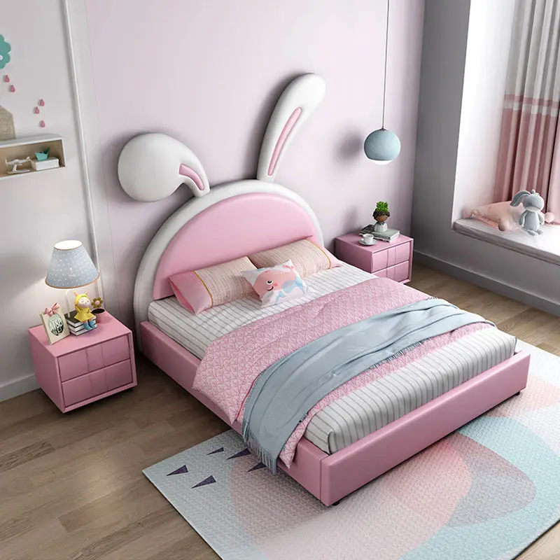 Hot Selling Luxury pink Children Bed Room Furniture Modern Rabbit Cartoon Beds Design Leather Girl Princess Bed — image 4