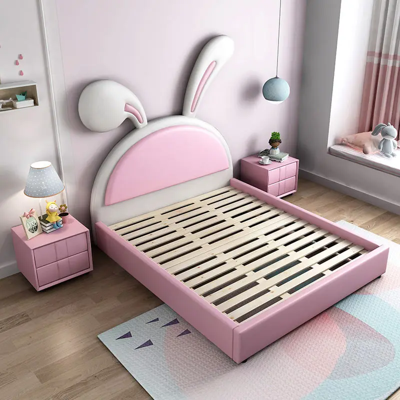 Hot Selling Luxury pink Children Bed Room Furniture Modern Rabbit Cartoon Beds Design Leather Girl Princess Bed — image 5