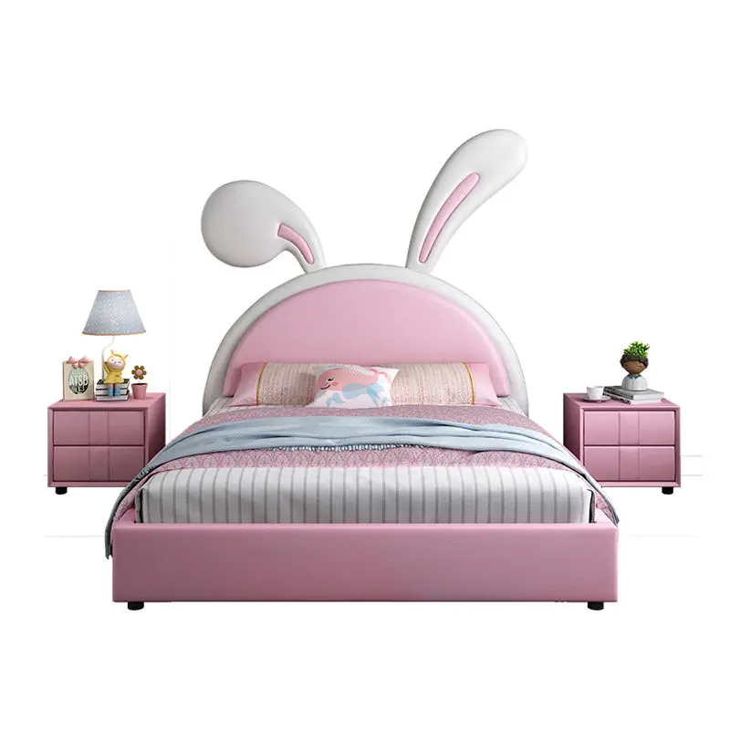 Hot Selling Luxury pink Children Bed Room Furniture Modern Rabbit Cartoon Beds Design Leather Girl Princess Bed — image 6