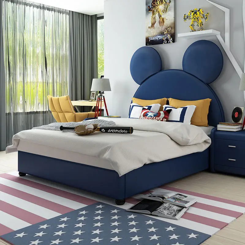 Fashionable Modern Leather Wood Kids Bed with Mickey Cartoon Design Upholstered Bedroom Furniture for School and Apartme — view 1