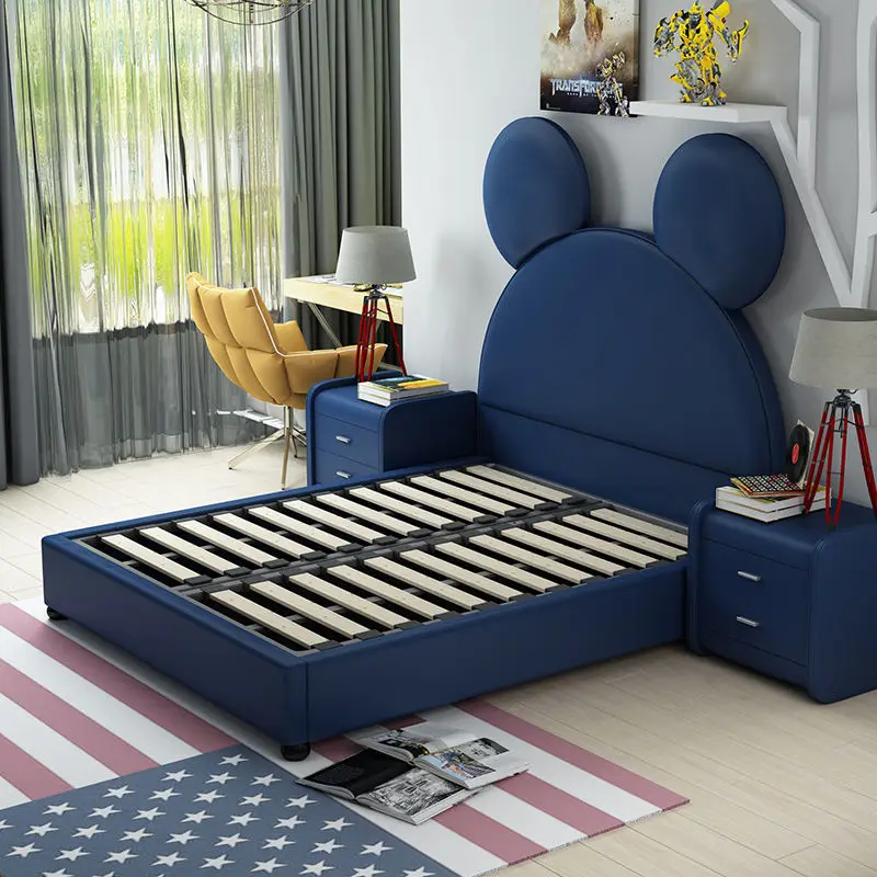 Fashionable Modern Leather Wood Kids Bed with Mickey Cartoon Design Upholstered Bedroom Furniture for School and Apartment Use — image 3