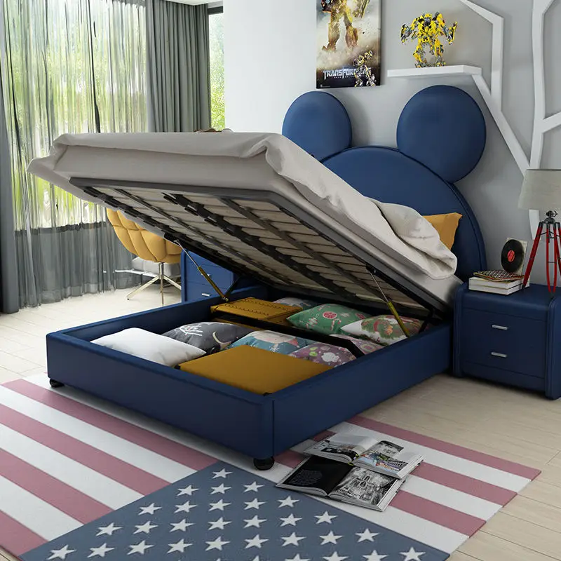 Fashionable Modern Leather Wood Kids Bed with Mickey Cartoon Design Upholstered Bedroom Furniture for School and Apartment Use — image 4