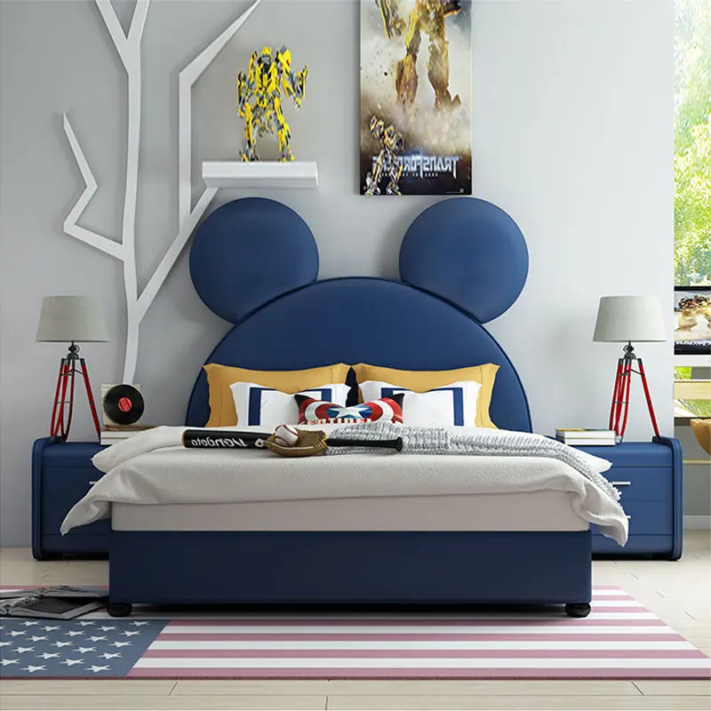 Fashionable Modern Leather Wood Kids Bed with Mickey Cartoon Design Upholstered Bedroom Furniture for School and Apartment Use — image 5