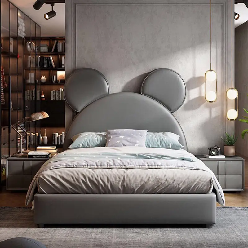 Fashionable Modern Leather Wood Kids Bed with Mickey Cartoon Design Upholstered Bedroom Furniture for School and Apartment Use — image 6
