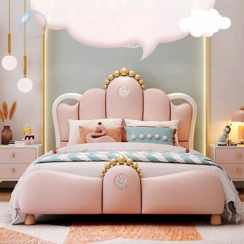 Modern Cute Pink Crown Leather Kids' Bedroom Furniture Upholstered Single Upholstered Kids' Beds for Girl — view 1