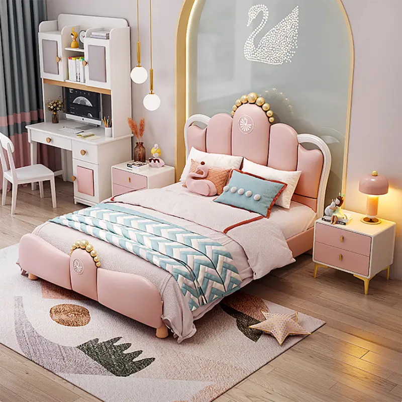 Modern Cute Pink Crown Leather Kids' Bedroom Furniture Upholstered Single Upholstered Kids' Beds for Girl — image 3