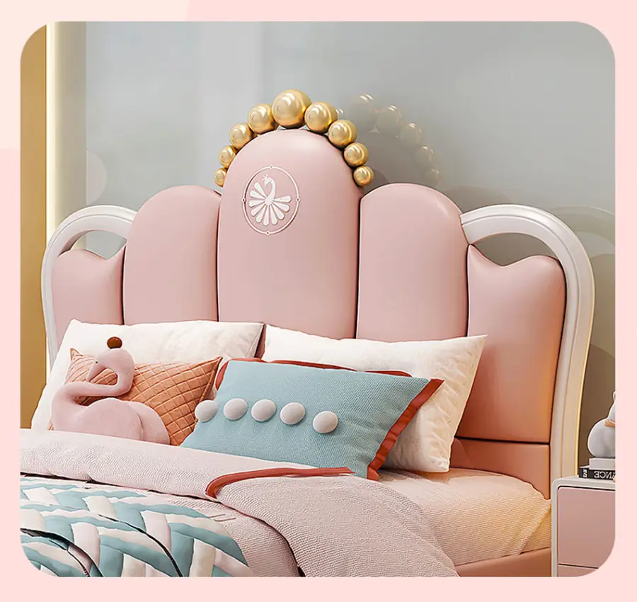 Modern Cute Pink Crown Leather Kids' Bedroom Furniture Upholstered Single Upholstered Kids' Beds for Girl — image 4