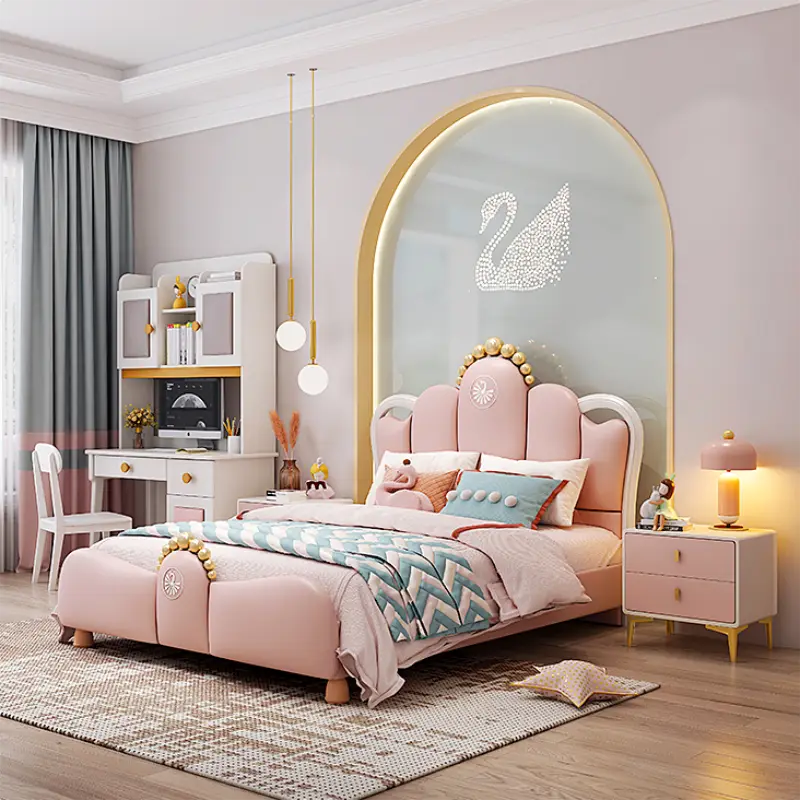 Modern Cute Pink Crown Leather Kids' Bedroom Furniture Upholstered Single Upholstered Kids' Beds for Girl — image 5
