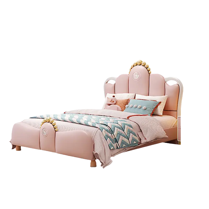 Modern Cute Pink Crown Leather Kids' Bedroom Furniture Upholstered Single Upholstered Kids' Beds for Girl — image 7
