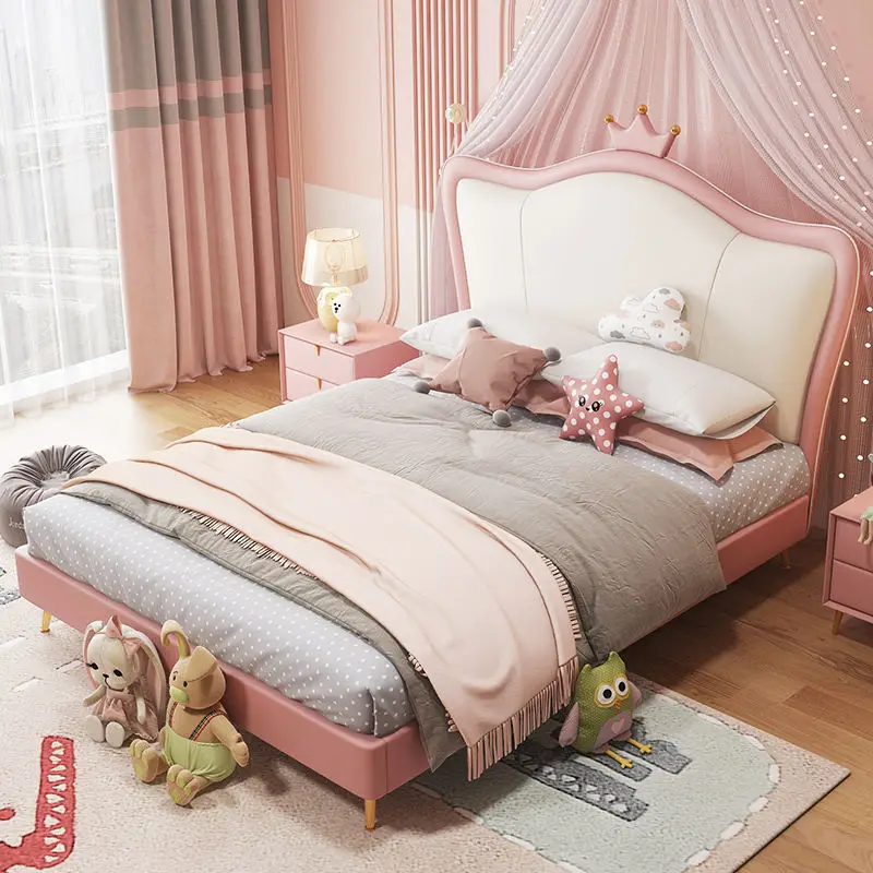 Modern Wooden Kids Bedroom Furniture Cute Pink Cartoon Girls Children Bed — image 2