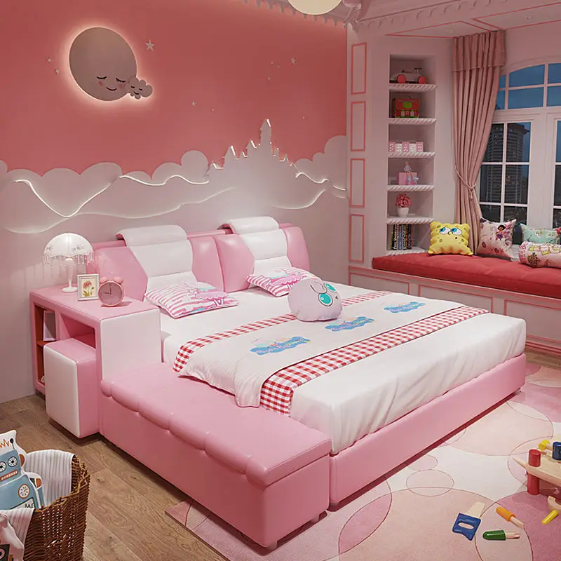 Modern Cartoon pink Girl Princess Children Bed with Storage Wood Soft Leather Double Bed for Kids Bed Furniture — view 1