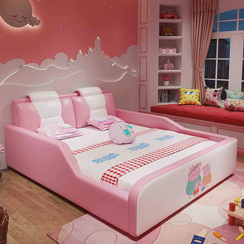 Modern Cartoon pink Girl Princess Children Bed with Storage Wood Soft Leather Double Bed for Kids Bed Furniture — image 3