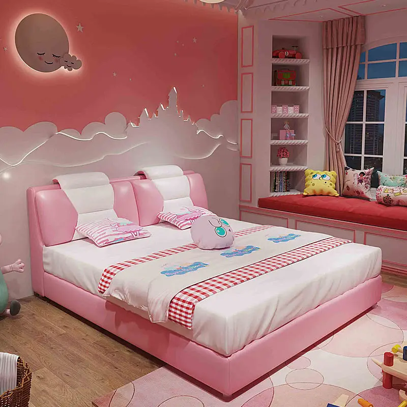 Modern Cartoon pink Girl Princess Children Bed with Storage Wood Soft Leather Double Bed for Kids Bed Furniture — image 4