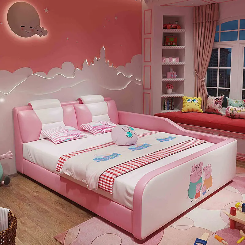 Modern Cartoon pink Girl Princess Children Bed with Storage Wood Soft Leather Double Bed for Kids Bed Furniture — image 5