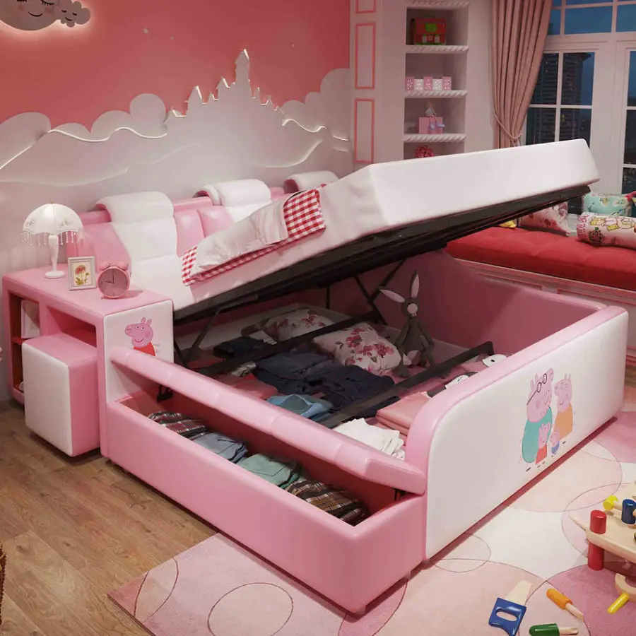 Modern Cartoon pink Girl Princess Children Bed with Storage Wood Soft Leather Double Bed for Kids Bed Furniture — image 6