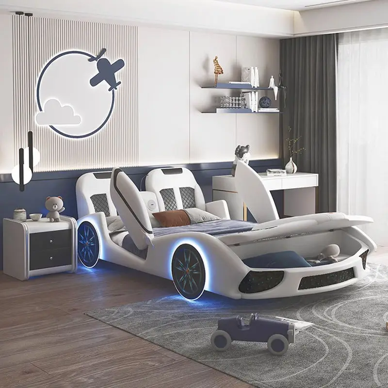 Modern Kids' Beds Girl Full Queen Children Furniture Bedroom Sets Light With Music Wood Car Bed for Kids Boy — image 2