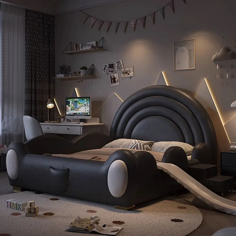 Modern Children Bedroom Furniture Bed Frame Black Leather Kids Bed — image 3