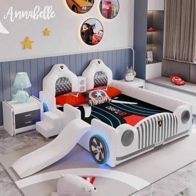 Modern Kids' Beds Girl Queen Kids Bed Frame Children Furniture Bedroom Sets With Light Music Wooden Car Bed for Kids Boy — image 3