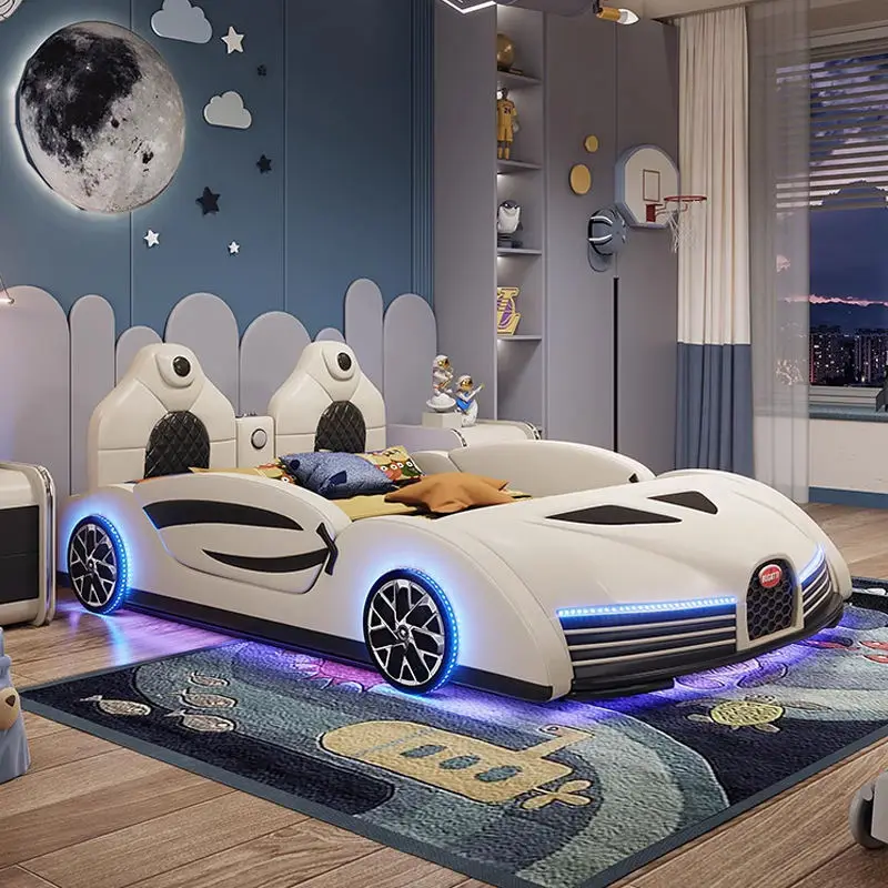 Wholesale High Quality Wooden Full Size Bedroom Furniture Children Race Car Bed With Music for Boy Kids Beds — image 3