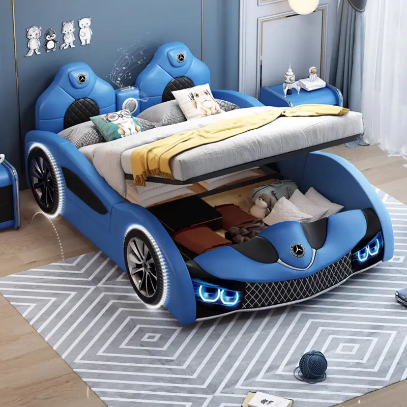 Children's Car Bed Leather Creative Race Car Double Bed Boy Girl Bedroom Furniture Bedroom Set Kids Bed — image 3