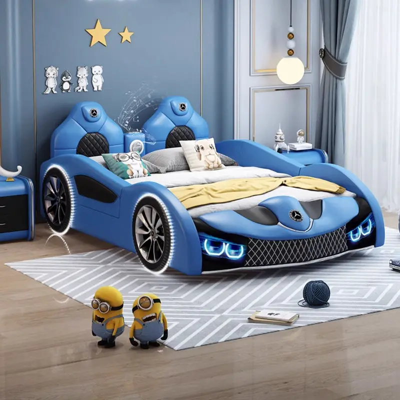 Children's Car Bed Leather Creative Race Car Double Bed Boy Girl Bedroom Furniture Bedroom Set Kids Bed — image 4