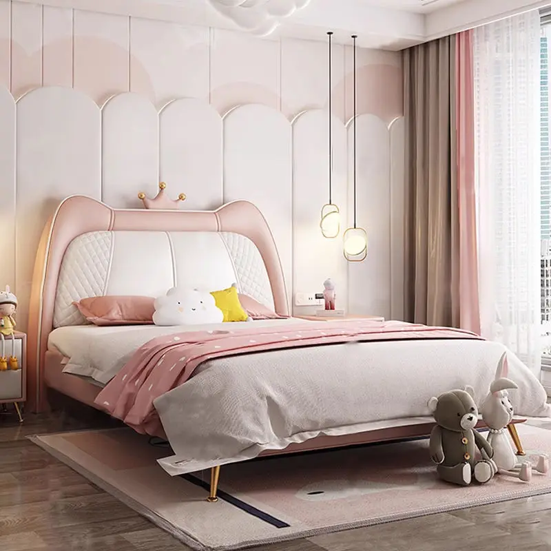 Modern Cartoon Children Bed Solid Wood Double Bed Girl Bedroom Furniture Leather Upholstered Kids Bed — view 1