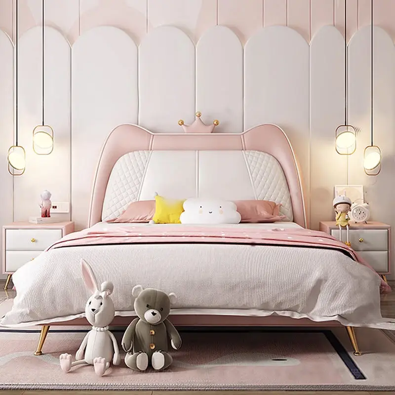 Modern Cartoon Children Bed Solid Wood Double Bed Girl Bedroom Furniture Leather Upholstered Kids Bed — image 2