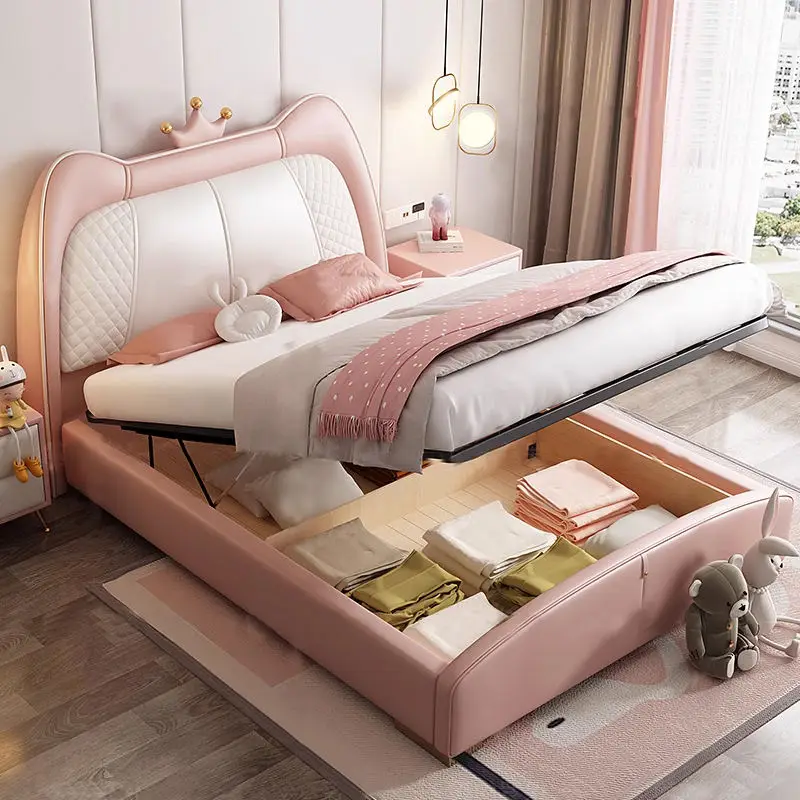 Modern Cartoon Children Bed Solid Wood Double Bed Girl Bedroom Furniture Leather Upholstered Kids Bed — image 3