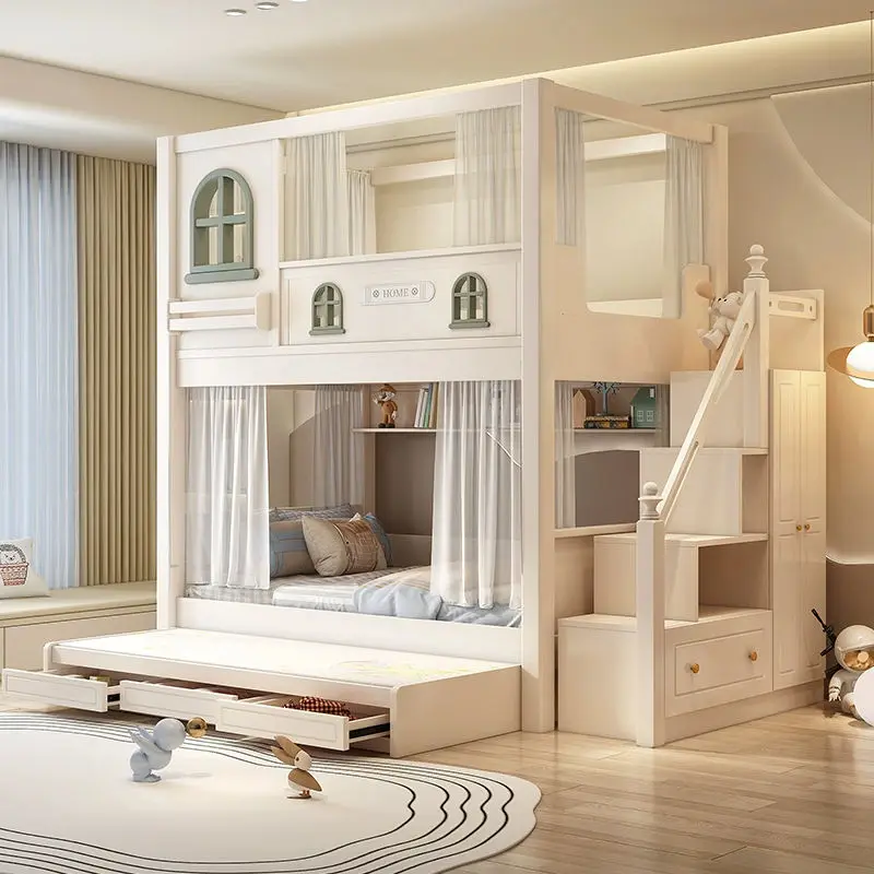 New Design Contemporary Wood Children Bunk Bed Set Multifunctional Bedroom Furniture Cream Color Mother and Baby Bed wit — view 1